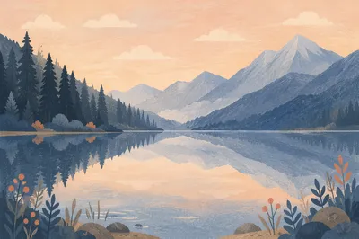 Calm Morning Lake Beneath Evergreen Mountains