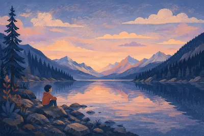 Peaceful Morning Lake with Evergreen Mountains