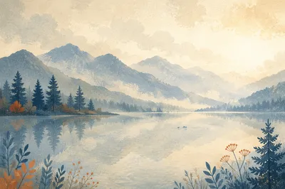 Serene Morning Lake Reflection with Evergreen Mountains