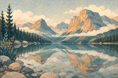 Peaceful Morning Lake With Mountain Reflections