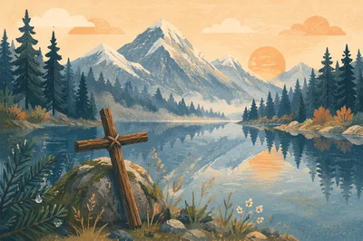 Morning Cross by Calm Alpine Lake