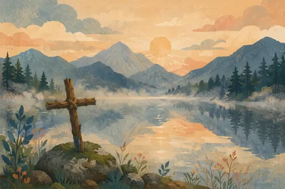 Morning Cross by Reflective Alpine Lake