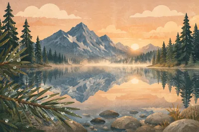 Serene Morning Lake With Evergreen Reflections