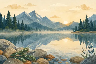 Calm Alpine Lake with Evergreen Reflections