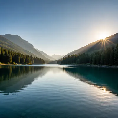 Serene Morning Lake with Evergreen Mountains