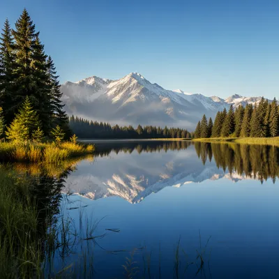 Calm Alpine Lake Morning Reflection