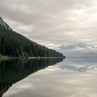 Misty Alpine Lake with Evergreen Reflection