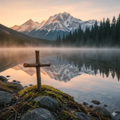 Wooden Cross by Calm Alpine Lake