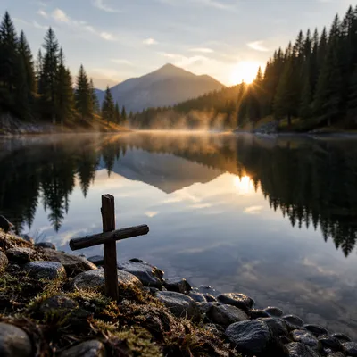 Morning Cross by Reflective Alpine Lake