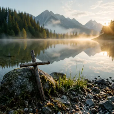 Wooden Cross by Calm Mountain Lake