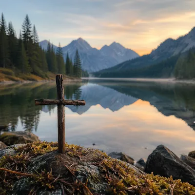 Peaceful Alpine Lake Cross at Dawn