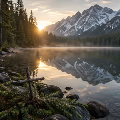 Morning Alpine Lake with Humble Cross