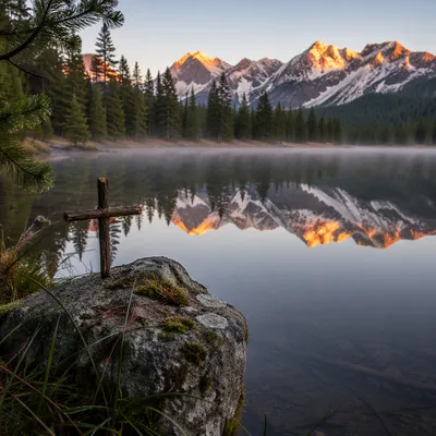 Wooden Cross by Calm Mountain Lake