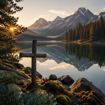 Morning Lake Reflection with Rustic Cross