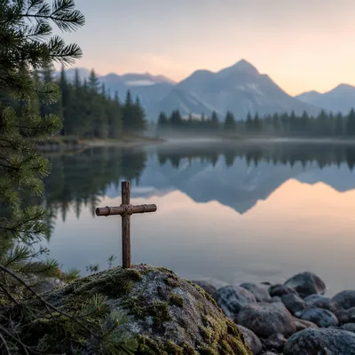 Wooden Cross by Calm Alpine Lake