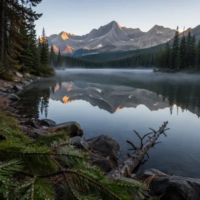 Calm Alpine Lake with Evergreen Reflections