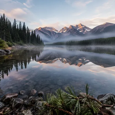 Calm Alpine Lake Reflection at Sunrise