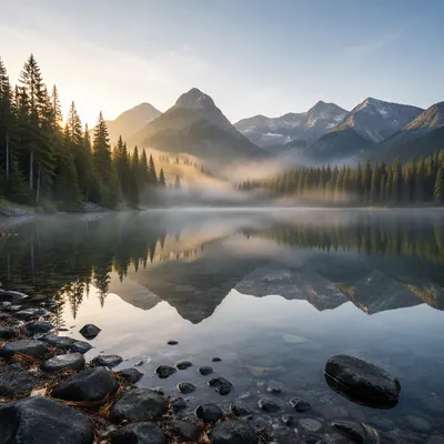 Calm Alpine Lake Reflection at Morning