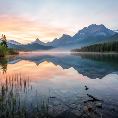 Calm Alpine Lake Reflection at Sunrise