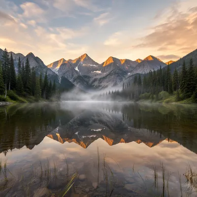 Calm Alpine Lake Reflection at Sunrise