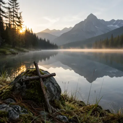 Morning Cross by Calm Alpine Lake