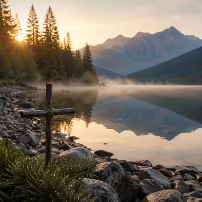 Quiet Alpine Lake Cross at Dawn
