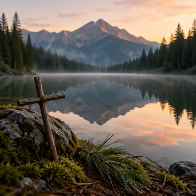 Wooden Cross by Calm Alpine Lake