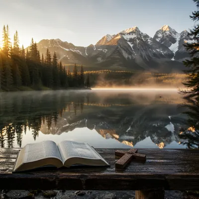 Morning Devotion by Reflective Alpine Lake
