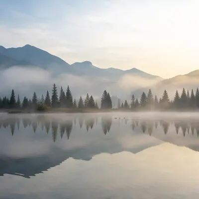 Serene Morning Lake With Evergreen Reflections