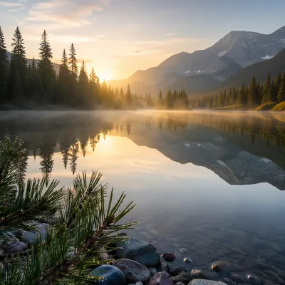 Calm Alpine Lake Morning Reflection