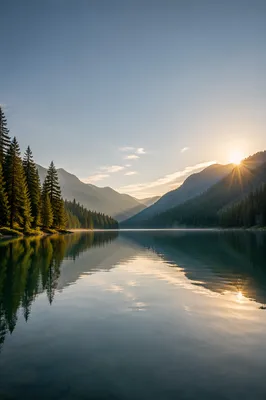 Calm Morning Lake with Evergreen Reflections