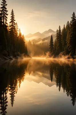 Serene Morning Lake with Evergreen Reflections