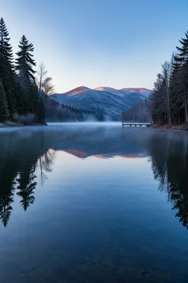 Calm Morning Lake with Evergreen Reflections