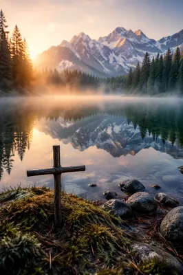 Wooden Cross by Misty Alpine Lake