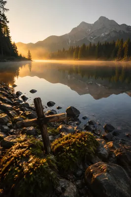 Morning Lake Reflection with Rustic Cross