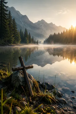 Wooden Cross by Calm Alpine Lake