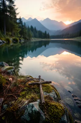 Wooden Cross by Peaceful Alpine Lake
