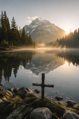 Morning Alpine Lake with Humble Wooden Cross