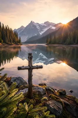 Morning Cross by Calm Alpine Lake