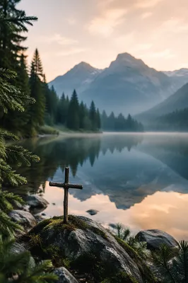 Wooden Cross by Calm Alpine Lake