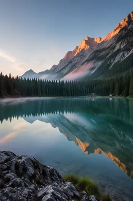 Calm Morning Lake Reflection in Evergreen Mountains
