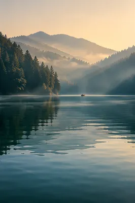 Calm Mountain Lake at Misty Sunrise