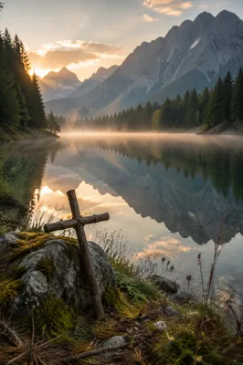 Morning Cross Beside Reflective Alpine Lake