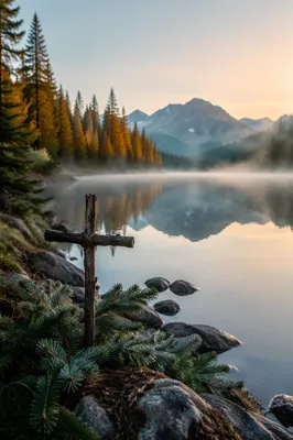 Wooden Cross by Calm Mountain Lake