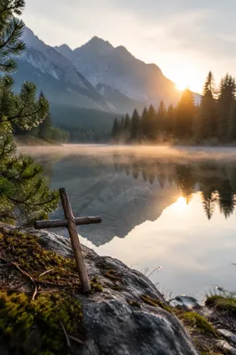 Wooden Cross by Calm Alpine Lake