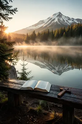 Morning Devotion by Reflective Alpine Lake