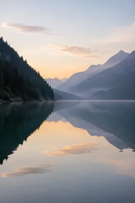 Calm Morning Lake with Evergreen Mountains