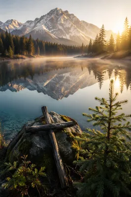 Wooden Cross by Calm Alpine Lake