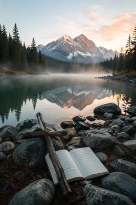 Morning Lake Reflection with Wooden Cross