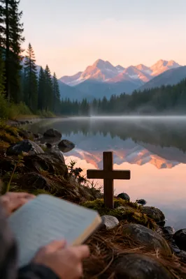 Morning Lake Reflection with Wooden Cross